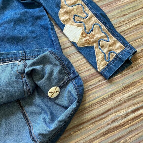 Allure Denim Chambray Patchwork Blazer Jacket Vintage Embellished Top - Picture 6 of 9